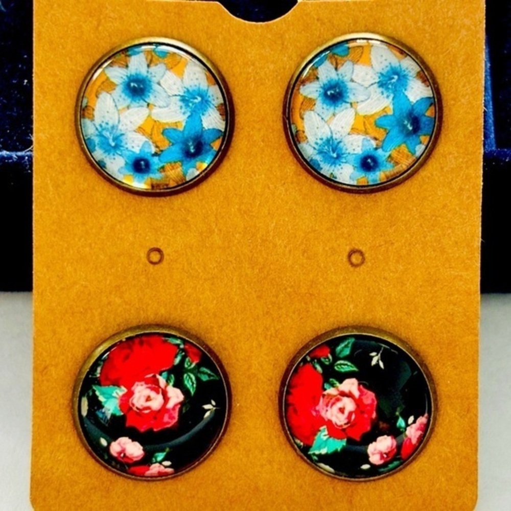 2 Pairs of 16mm Glass Cabochon Floral Print Stud Earrings, NWT, Handmade, Unworn